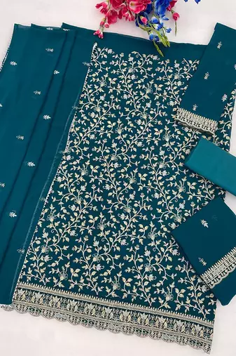 Teal faux georgette sequins work semi stitched salwar suits