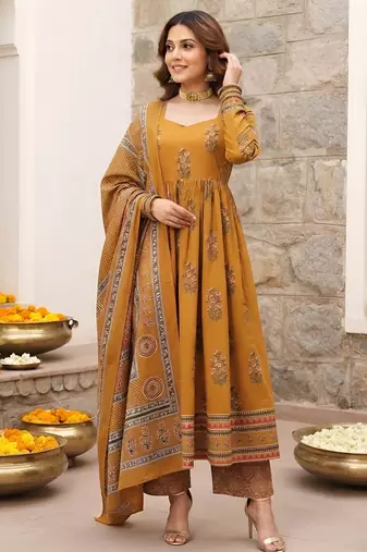 Mustard floral printed cotton kurta set