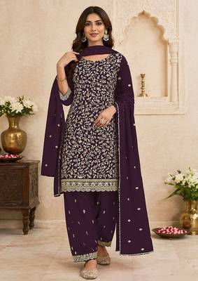 Wine faux georgette sequins work semi stitched salwar suits 1