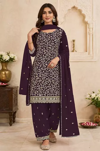 Wine faux georgette sequins work semi stitched salwar suits