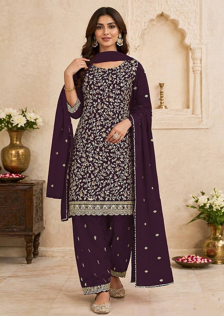 Wine faux georgette sequins work semi stitched salwar suits