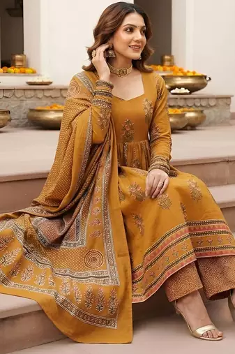Mustard floral printed cotton kurta set