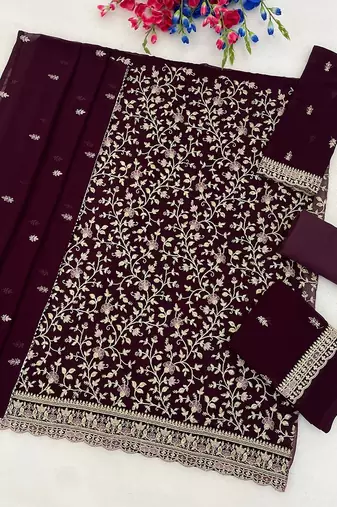 Wine faux georgette sequins work semi stitched salwar suits