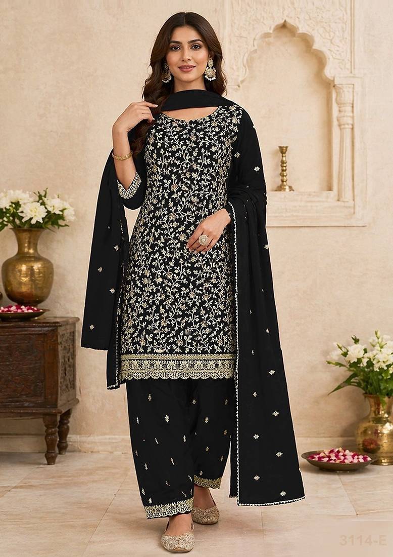 Black faux georgette sequins work semi stitched salwar suits