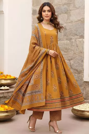 Mustard floral printed cotton kurta set