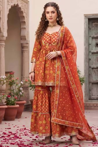 Rust floral printed cotton kurta set