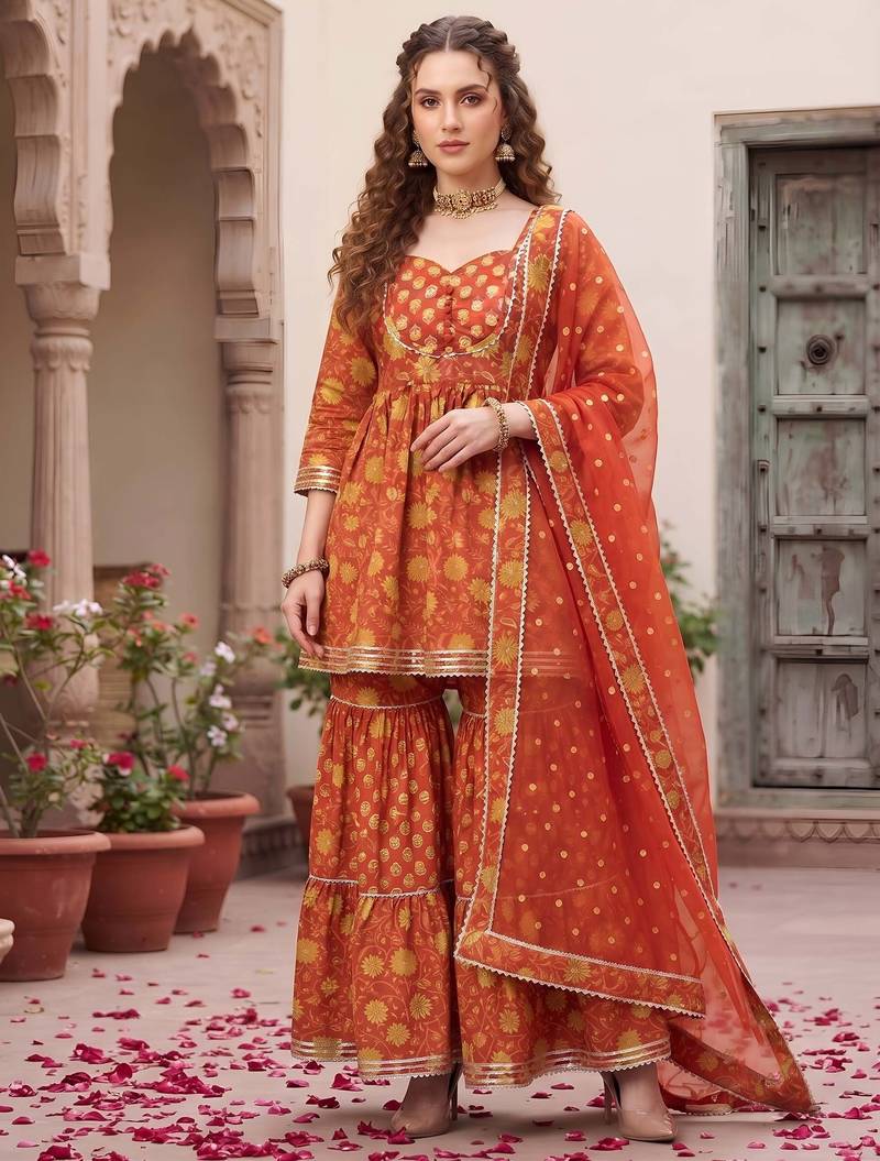 Rust floral printed cotton kurta set