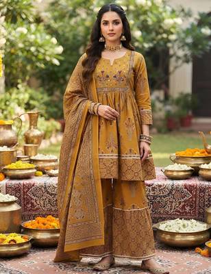 Mustard floral printed cotton kurta set 1