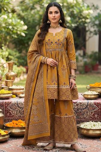 Mustard floral printed cotton kurta set