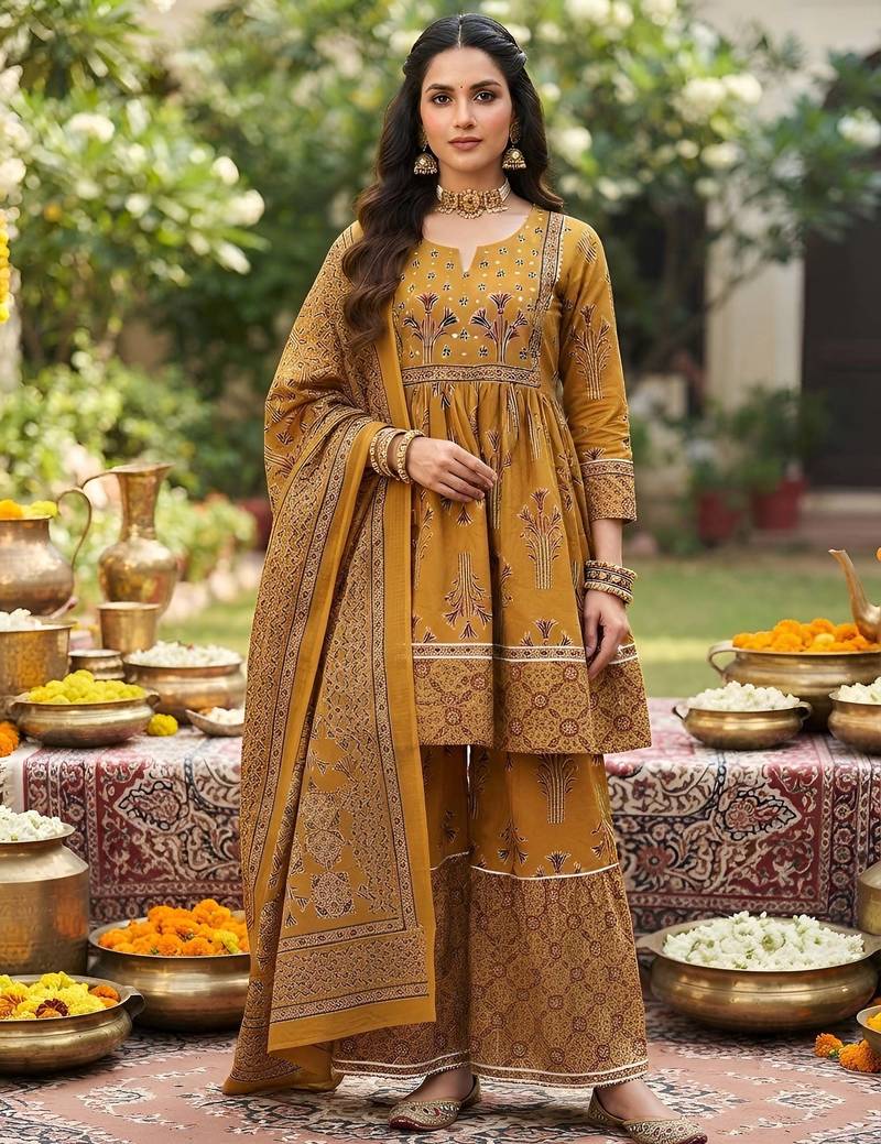 Mustard floral printed cotton kurta set
