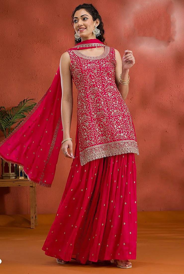 Red georgette hand embroidery semi stitched salwar suits