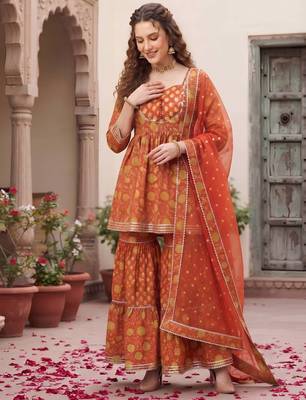Rust floral printed cotton kurta set 2