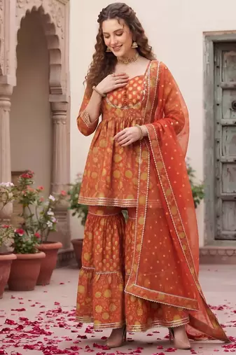 Rust floral printed cotton kurta set
