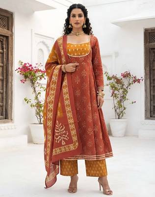 Rust floral printed cotton kurta set 1
