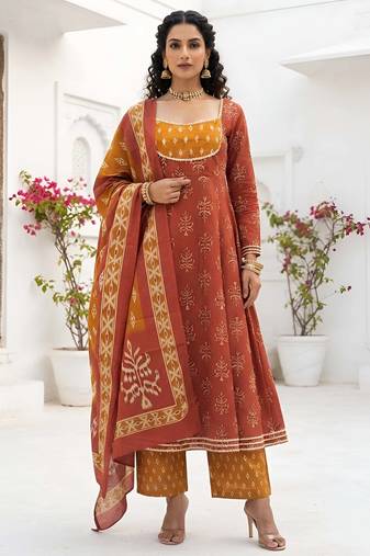 Rust floral printed cotton kurta set