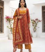 Rust floral printed cotton kurta set