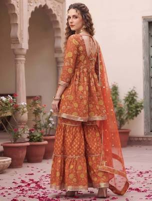Rust floral printed cotton kurta set 3