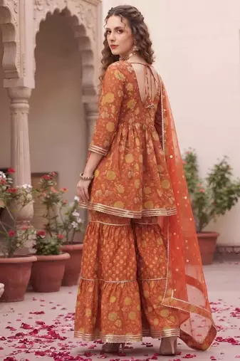 Rust floral printed cotton kurta set