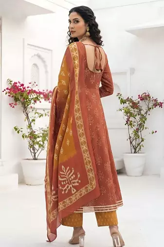 Rust floral printed cotton kurta set