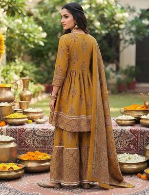 Mustard floral printed cotton kurta set 2