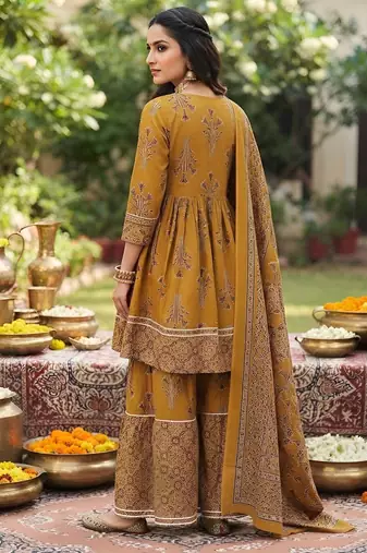 Mustard floral printed cotton kurta set