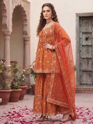 Rust floral printed cotton kurta set 4