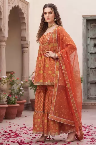 Rust floral printed cotton kurta set