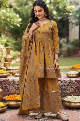 Mustard floral printed cotton kurta set