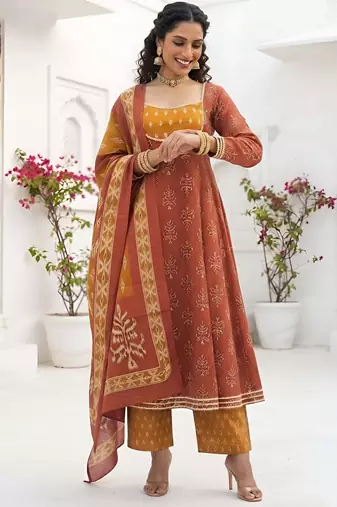 Rust floral printed cotton kurta set