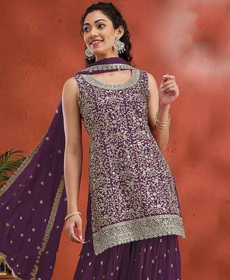 Purple georgette hand embroidery semi stitched salwar suits 2