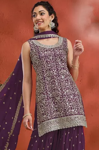 Purple georgette hand embroidery semi stitched salwar suits