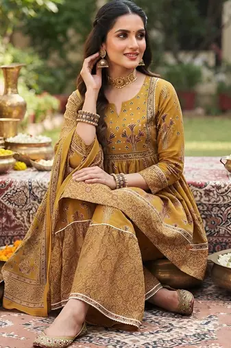 Mustard floral printed cotton kurta set