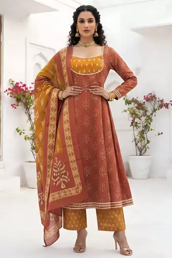 Rust floral printed cotton kurta set