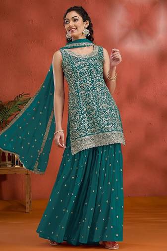 Blue georgette hand embroidery semi stitched salwar suits