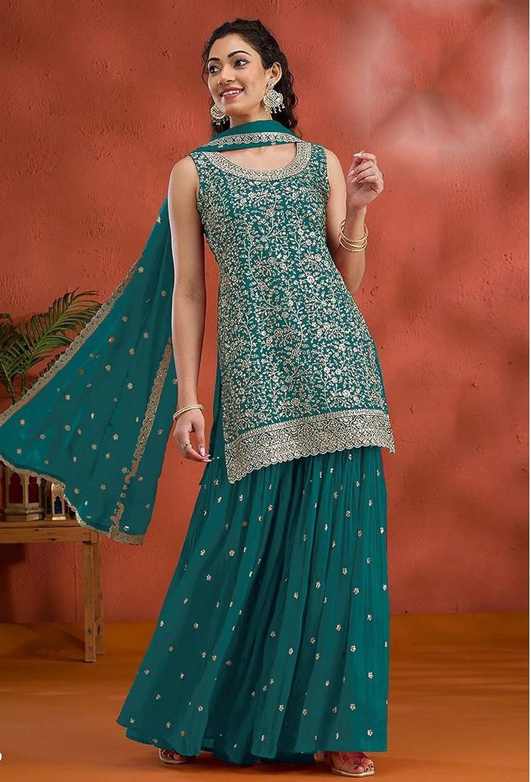 Blue georgette hand embroidery semi stitched salwar suits