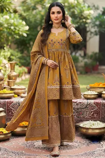 Mustard floral printed cotton kurta set