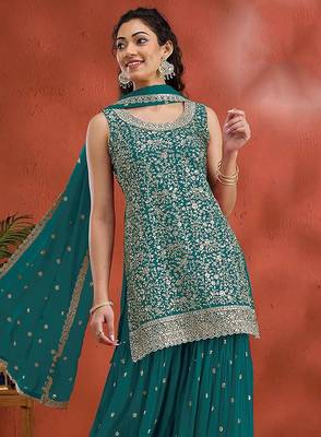 Blue georgette hand embroidery semi stitched salwar suits 2
