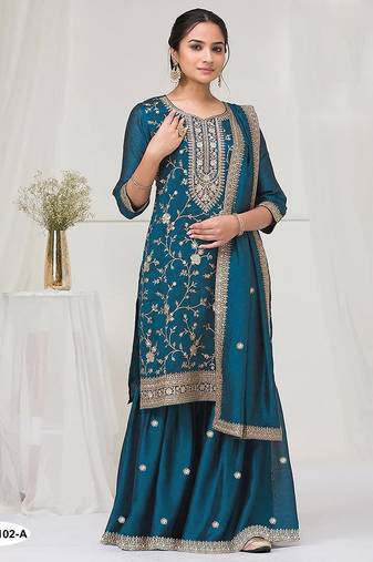 Peacock blue fancy fabric hand embroidery semi stitched salwar suits