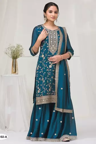Peacock blue fancy fabric hand embroidery semi stitched salwar suits