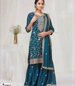 Peacock blue fancy fabric hand embroidery semi stitched salwar suits