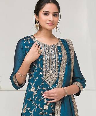 Peacock blue fancy fabric hand embroidery semi stitched salwar suits 2
