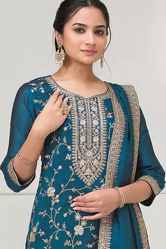 Peacock blue fancy fabric hand embroidery semi stitched salwar suits