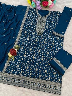 Peacock blue fancy fabric hand embroidery semi stitched salwar suits 3