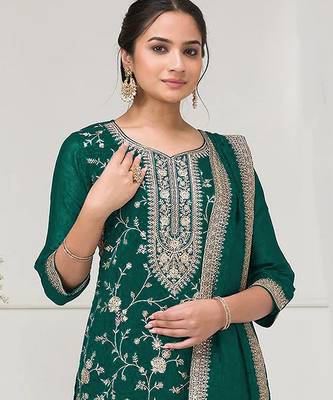 Emerald green fancy fabric hand embroidery semi stitched salwar suits 2