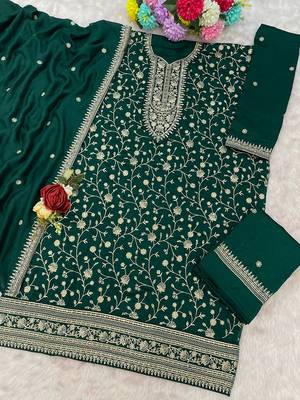 Emerald green fancy fabric hand embroidery semi stitched salwar suits 3