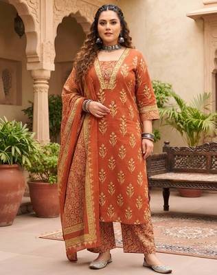 Rust floral printed cotton kurta set 1