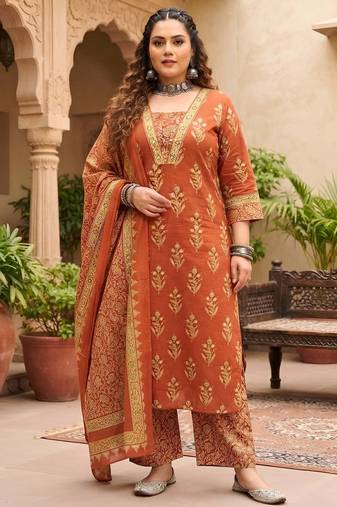 Rust floral printed cotton kurta set