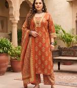 Rust floral printed cotton kurta set