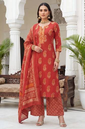 Rust floral printed cotton kurta set
