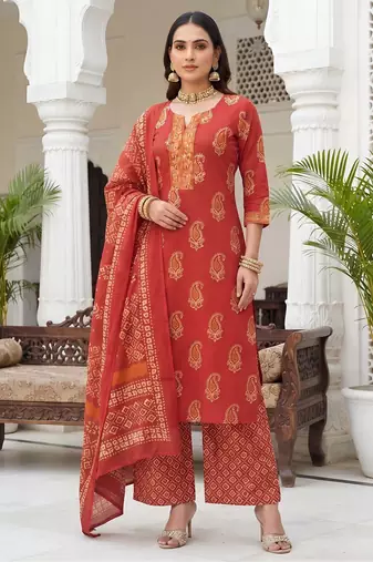 Rust floral printed cotton kurta set